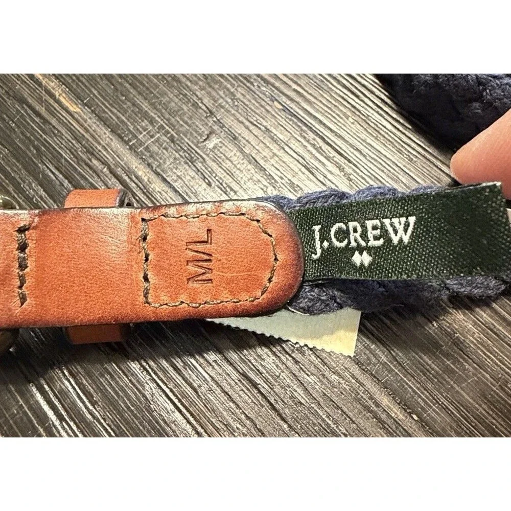 J Crew Braided Cotton Skinny Belt Womens M/L Navy Blue Leather Buckle Preppy - Picture 2 of 4